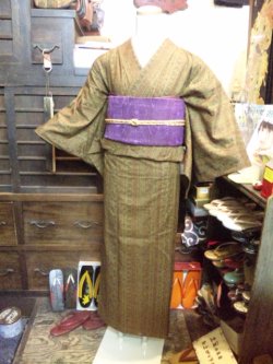 画像1: 染め紬のひとえ着物