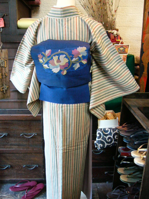 画像: 青い紬のひとえ名古屋帯