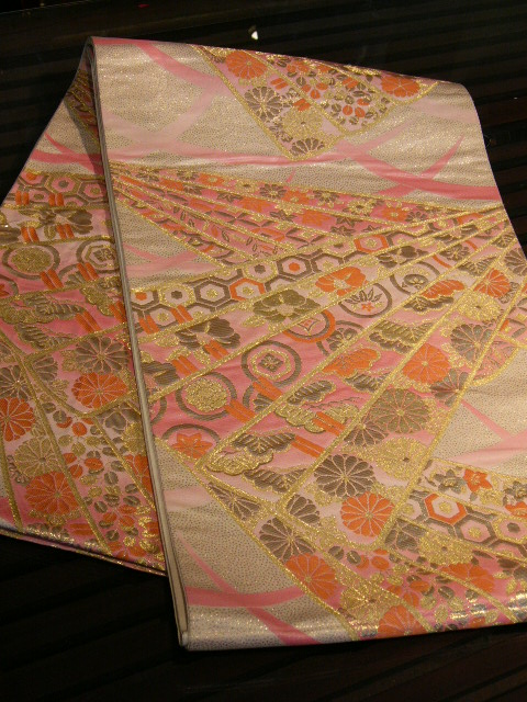 画像1: 白地にピンクの扇柄　袋帯