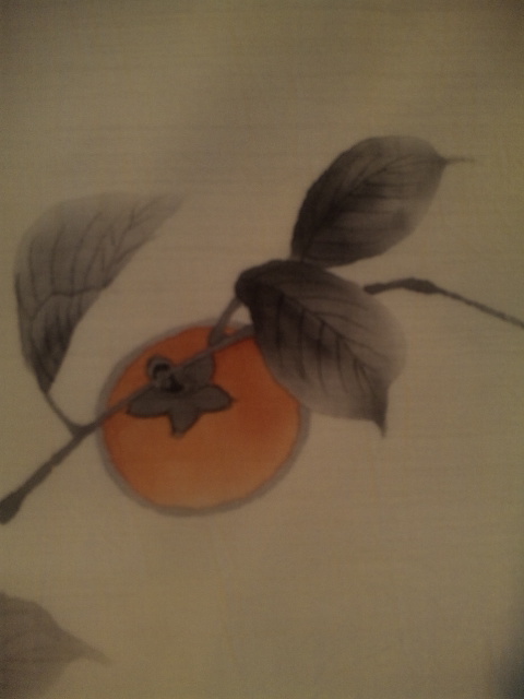 画像: 生成り麻に手描きの柿の夏帯